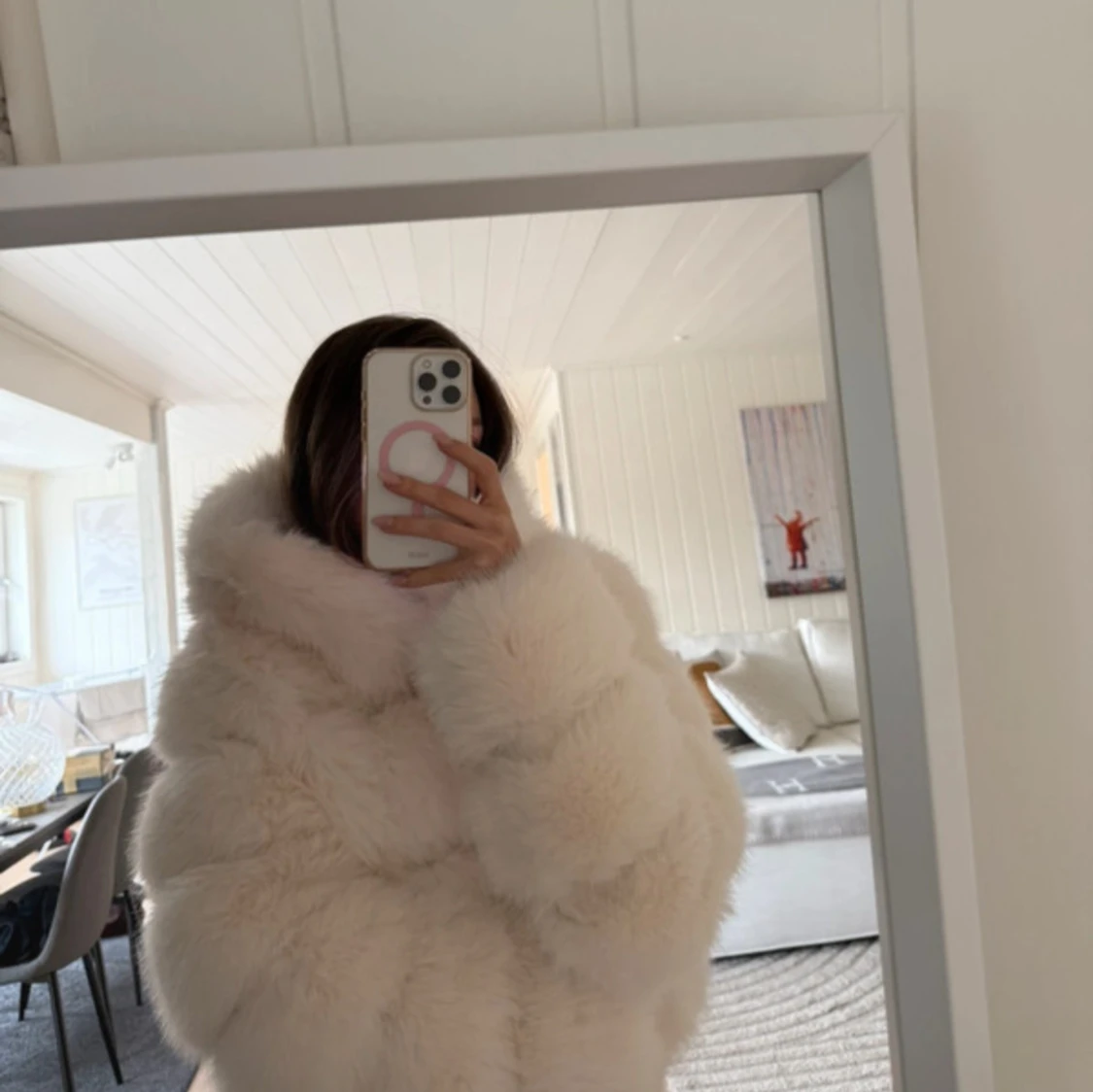 Fluffig vit pälsjacka med huva - 2