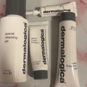 Dermalogica hudvårdskit i miniformat - Ett kit med fyra produkter från Dermalogica: rengöringsgel, exfolierande kräm, återfuktande kräm och en liten tub. Alla i vita tuber med svart text, perfekt för resan eller att testa olika produkter.