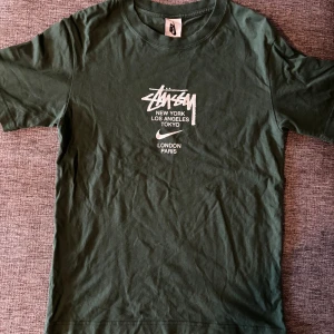 Grön Nike x Stüssy t-shirt S - Snygg grön t-shirt från Nike i samarbete med Stüssy. Tryck på bröstet med Stüssy-logga och städer som New York, Los Angeles, Tokyo, London och Paris. Klassisk rund hals och korta ärmar. Mjuk bomullskvalitet som är skön mot huden.