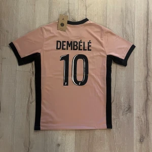 PSG Dembélé rosa fotbollströja S - Snygg PSG fotbollströja i ljusrosa med svarta detaljer och tryck. Dembélé #10 på ryggen, Jordan-logga och Paris Saint-Germain-märke på bröstet. Qatar Airways sponsortryck. Tillverkad i lätt polyester med korta ärmar och V-ringad krage.