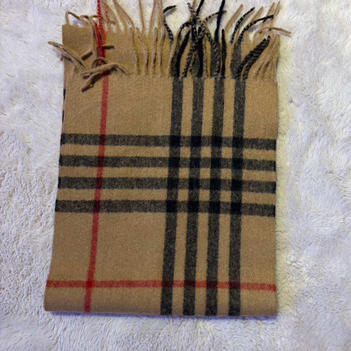 Beige rutig halsduk med fransar - 1