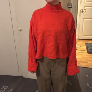 Röd croppad polotröja - Säljer en snygg röd croppad polotröja med långa ärmar. Tröjan har en lös passform och är perfekt för höst och vinter. Den är tillverkad i ett mjukt material som ger en bekväm känsla.