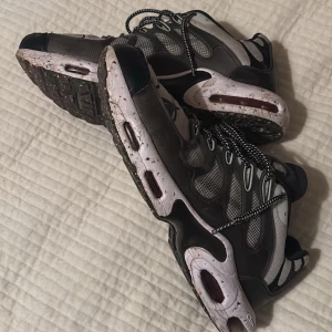 Nike Terrescape - Säljer ett par snygga Nike sneakers i grått och svart. De har en cool design med mönstrade snören och en stänkmålad sula. Perfekta för både vardag och träning. Skorna är köpta i Lyon Frankrike och max använda 10 gånger.