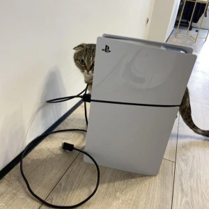 PlayStation 5 med två kontroller - Säljer en PlayStation 5 i toppskick med två trådlösa kontroller. Konsolen är vit med en elegant design och kommer med en laddningsstation för kontrollerna. Perfekt för gamingkvällar!