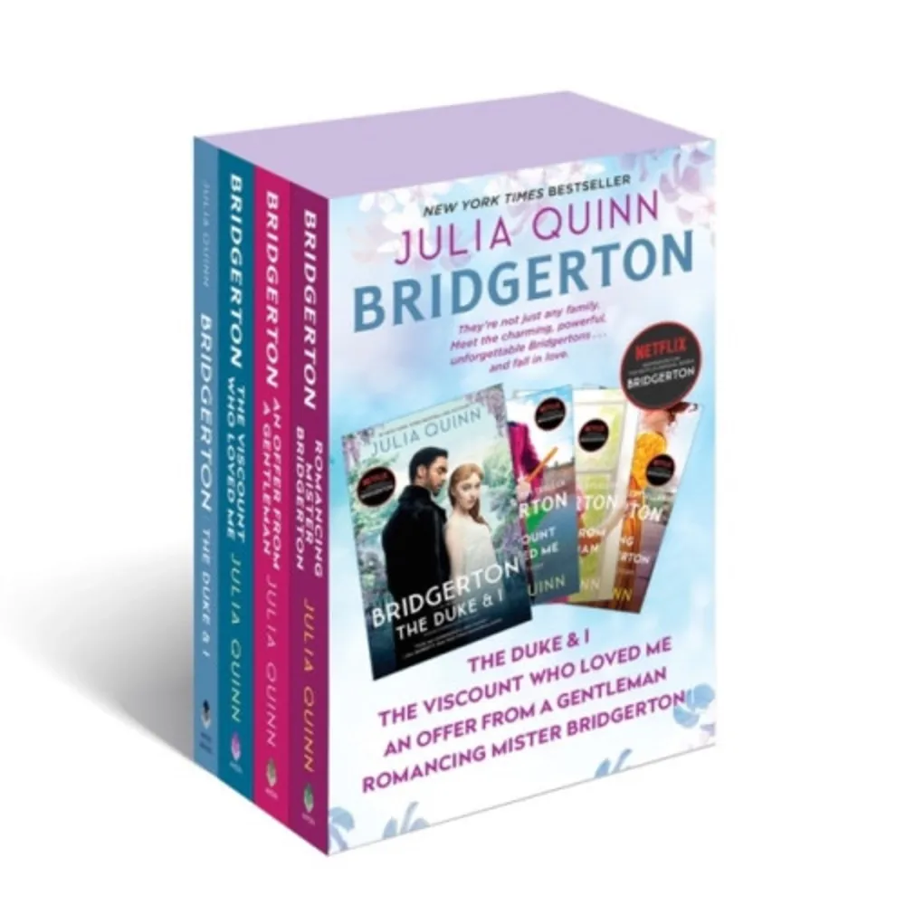 Together in a beautiful boxed set, the first four novels in #1 New York Times bestselling author Julia Quinn's beloved Regency-set world of the charming, powerful Bridgerton family--now a series created by Shondaland for Netflix.In her inimitable style--full of wit, wisdom, drama, gossip, and romance--Julia Quinn introduces the four eldest of the eight Bridgerton siblings as they maneuver through the scrutiny of London's high society and secure matches worthy of their station--and their hearts. Adored by millions of fans worldwide, these timeless stories will transport you to a world of propriety, elegance, passion, and mischief, where the charisma of one family captures the attention of the entire ton.In these four books, peppered with brilliant commentary from the keen-eyed and irrepressible gossip columnist Lady Whistledown, you will meet: Daphne Bridgerton, the eldest daughter and a diamond of the first water, in The Duke and I; Anthony Bridgerton, the eldest son and elusive bachelor, in The Viscount Who Loved Me; Benedict Bridgerton, the handsome and romantic second son, in An Offer from a Gentleman; and Colin Bridgerton, the impeccably charming but secretive third son, in Romancing Mister Bridgerton.    Format Pocket   Språk Engelska   Utgivningsdatum 2022-03-15   ISBN 9780063238787  . Böcker.