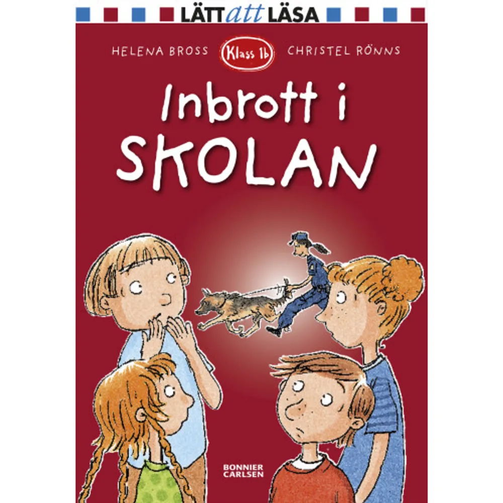 Helena Bross lättlästa böcker om barnen i Klass 1b tillhör klassikerna inom börja-läsa-genren. I ettagluttarnas egen favoritserie kan både killar och tjejer känna igen sig. Men idag har det hänt något ovanligt när kompisarna i Klass 1b kommer till skolan … Edvin tänker på sin matte-remsa. Det ska bli kul att jobba med den. Men när han kommer till skolan är det inte som vanligt. Det står en polisbil på parkeringen! – Det har varit inbrott i skolan i natt, säger deras lärare Peter. Datorerna är borta. Polisen är här och letar efter spår. Och när Edvin ska börja jobba med sin remsa upptäcker han att den är borta! Kan det vara tjuvarna som tagit den? Som tur är kan polishunden Zorro hjälpa till att leta. Inbrott i skolan är den artonde, helt fristående delen i serien om barnen i Klass 1b. Läs också: Spöket i skolan, Starkast i klassen, Hemliga kompisar, Världens finaste glasögon, Ny i klassen, Tandligan, Vilse i skogen, Vi vill ha disco, Skrik och bajs, Ring 112!, Hjälp, vi kommer för sent!, Natt i skolan, Bli sams, Vilken vikarie!, Småkrypsjakten, Slagsmål och Allra bästa kompisen.    Format Inbunden   Omfång 60 sidor   Språk Svenska   Förlag Bonnier Carlsen   Utgivningsdatum 2014-07-01   Medverkande Marit Messing   Medverkande Christel Rönns   ISBN 9789163870927  . Böcker.