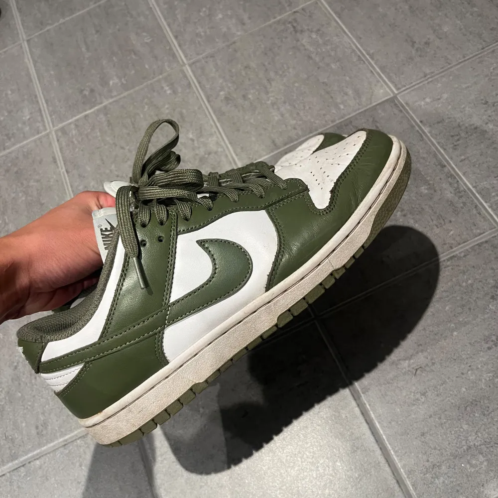 Säljer ett par snygga Nike Dunk sneakers i grönt och vitt. De har en klassisk design med snörning och är perfekta för vardagsbruk. Skorna är i bra skick och redo för nya äventyr!. Skor.