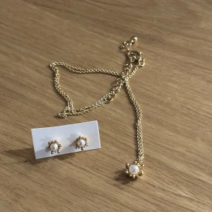 Guldhalsband och örhängen med pärlor - Elegant set med ett guldhalsband och matchande örhängen, båda dekorerade med vackra pärlor. Oanvända!