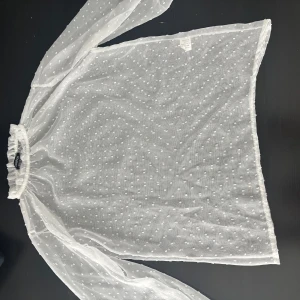 Vit transparent blus - Säljer en elegant vit transparent blus med prickigt mönster. Blusen har långa ärmar och en hög krage med volangdetaljer. Perfekt för en stilren look. PRIS GÅR ATT DISKUTERA