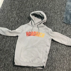 Grå hoodie från Hoodrich - Säljer en grå hoodie från Hoodrich med färgglatt tryck på bröstet. Den har en klassisk känguruficka och justerbar huva. Perfekt för en avslappnad stil.