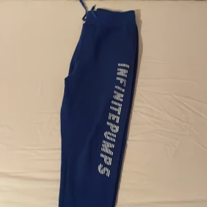 Blå mjukisbyxor InfinitePump merch. Finns matchande hoodie - Snygga blå mjukisbyxor med texten 'INFINITE PUMPS' tryckt längs benet. Byxorna har en bekväm passform och är perfekta för en avslappnad stil. De har elastisk midja med dragsko för justerbar passform.
