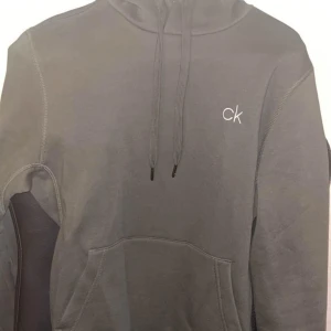 Grå hoodie från Calvin Klein - Säljer en stilren grå hoodie från Calvin Klein. Den har en klassisk design med en liten 'ck'-logga på bröstet och en praktisk magficka. Perfekt för en avslappnad look!
