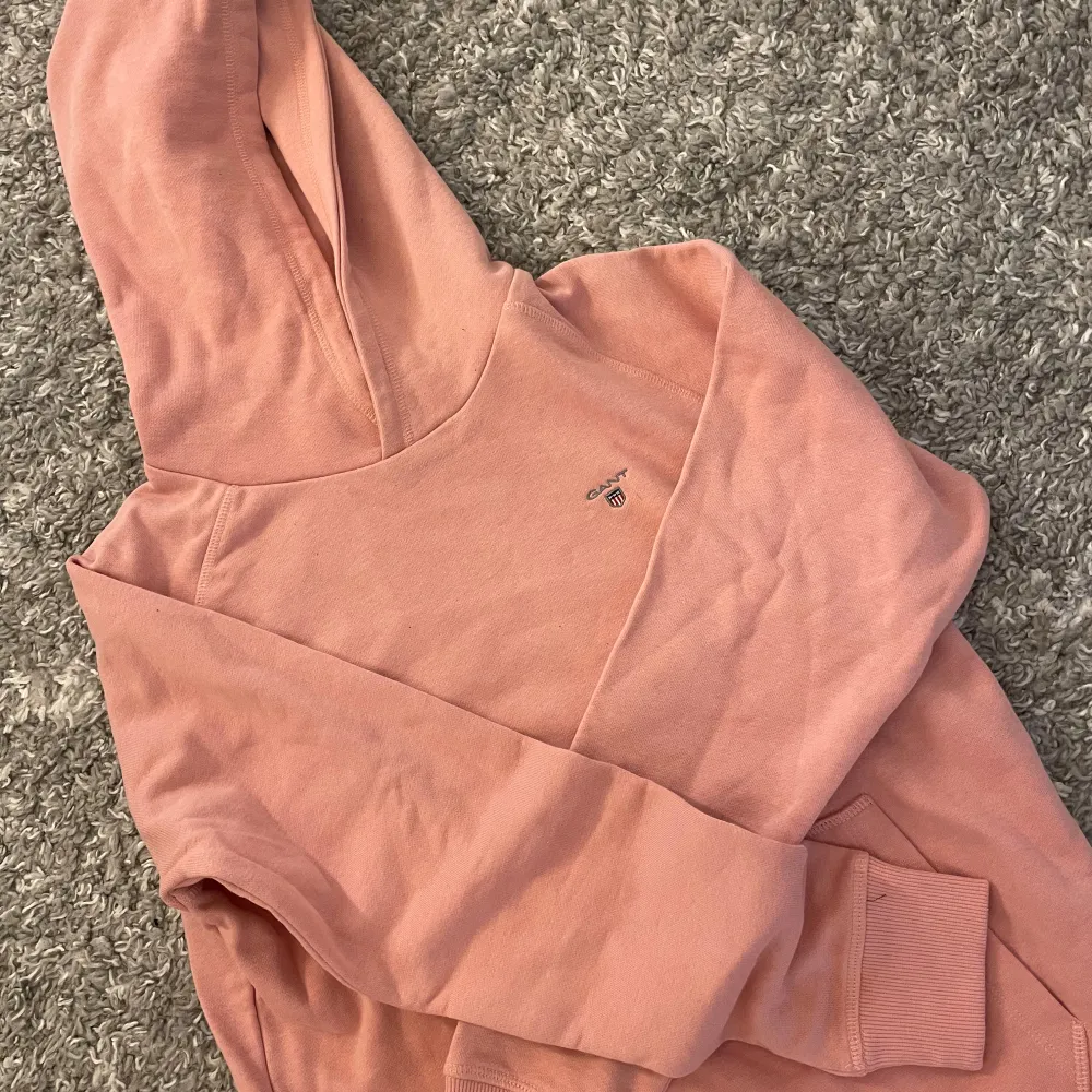 Säljer en snygg rosa hoodie från GANT. Den är supermjuk och perfekt för både skolan och chill hemma. Den har en klassisk design med GANT-loggan broderad på bröstet. Perfekt för höst och vår!. Tröjor & Koftor.