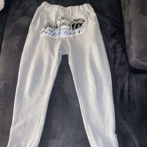 Grå mjukisbyxor från Trapstar - Säljer ett par grå mjukisbyxor från Trapstar med tryck framtill. Byxorna har snörning i midjan och är perfekta för en avslappnad stil. De är bekväma och stilrena, idealiska för vardagsbruk.