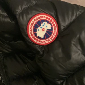 Svart dunjacka från Canada Goose - Säljer en svart dunjacka från Canada Goose med deras ikoniska märke på ärmen. Jackan har en pufferdesign med dragkedja och är perfekt för kalla vinterdagar. Den är tillverkad i Kanada och har en stilren look. Helt äkta 