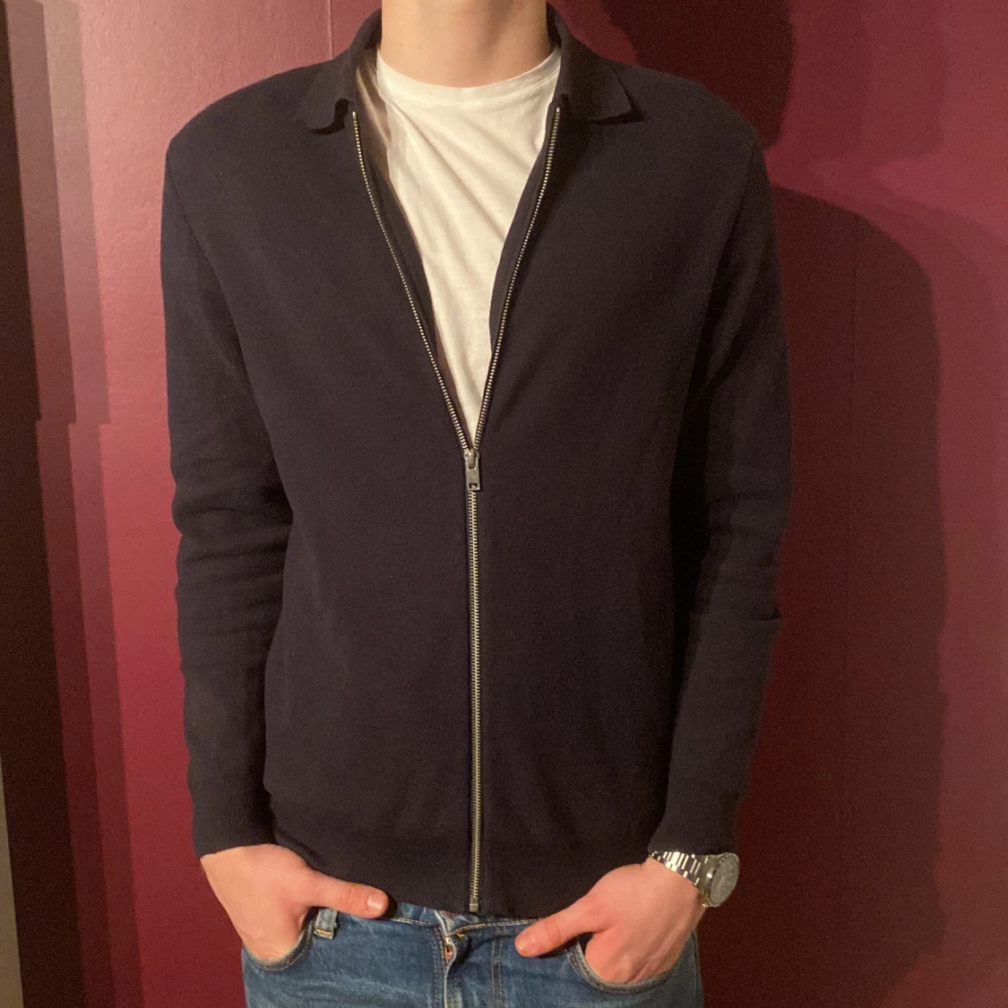 Mörkblå långärmad tröja med dragkedja - 90