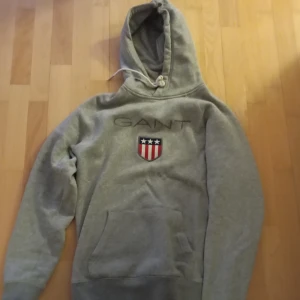 Grå hoodie från GANT - Säljer en stilren grå hoodie från GANT med broderad logga och emblem på bröstet. Tröjan har en klassisk känguruficka och justerbar huva med dragsko. Perfekt för en avslappnad stil.