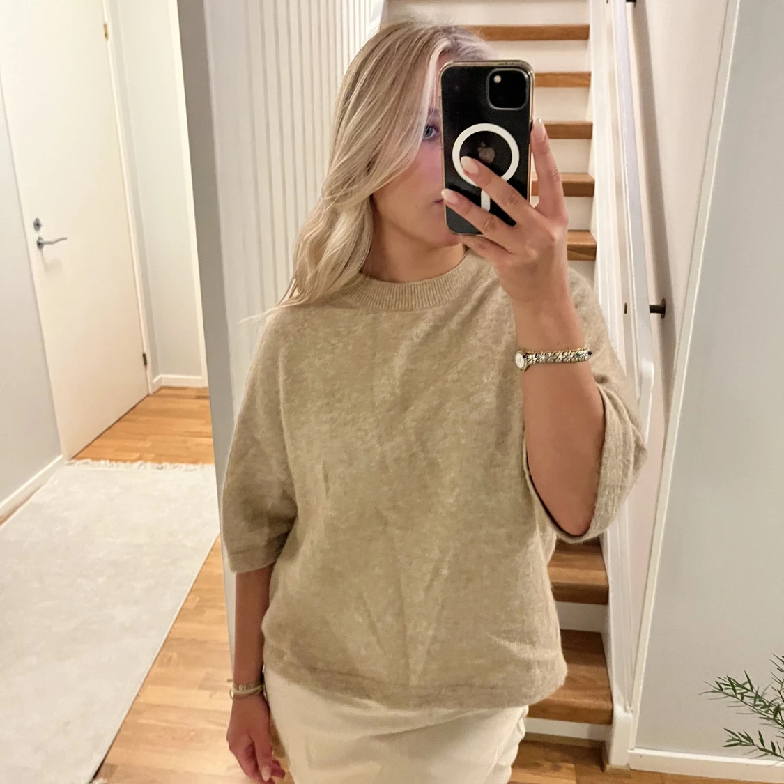 Stickad beige trekvartströja!! - 90