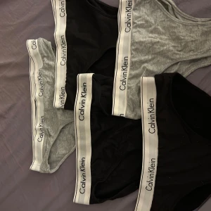 5 par Calvin Klein trosor - 5 par oanvända Calvin Klein trosor. Dem är oäkta men ser ändå ganska äkta ut. Trosorna är olika i materialen och det är 3 svarta och 2 gråa. Ska vara i storlek S/M.