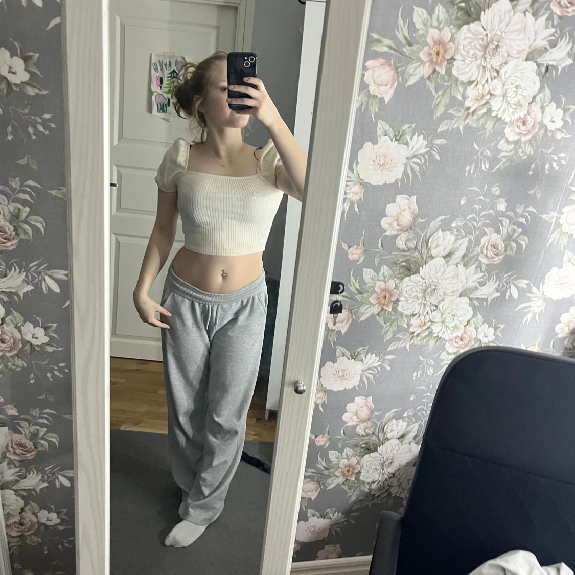 Vit ribbad croppad topp - 90