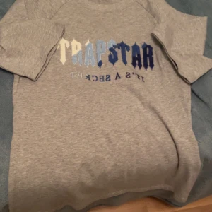 Grå t-shirt från Trapstar - Säljer en grå t-shirt från Trapstar i storlek S. Den har ett coolt tryck i blå och vita nyanser på framsidan. Perfekt för en avslappnad stil eller streetwear-look. T-shirten är i bra skick och gjord av mjukt material.