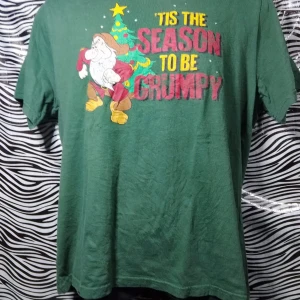 Grön jultröja med tryck - Säljer en grön t-shirt med ett roligt jultryck. Texten 'Tis the season to be grumpy' och en tecknad figur i tomtedräkt gör den perfekt för julens alla fester. Tröjan är kortärmad och i bomull, vilket gör den bekväm att bära hela dagen. Perfekt för dig som vill sprida lite humor under julen! 🎄