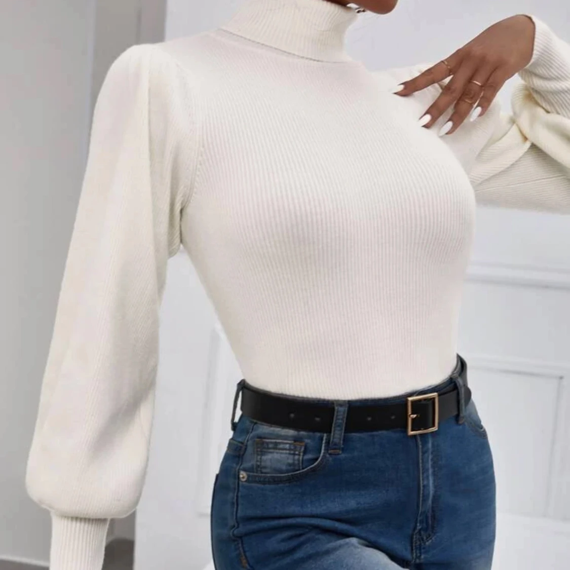 Vit ribbad polotröja - 2