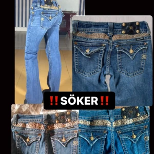 Blå jeans med detaljer - Söker dessa snygga blå jeans med unika detaljer! De har en bootcut-stil och är dekorerade med glittriga o guldiga paljetter och knappar på bakfickorna.                 ‼️SÖKER‼️