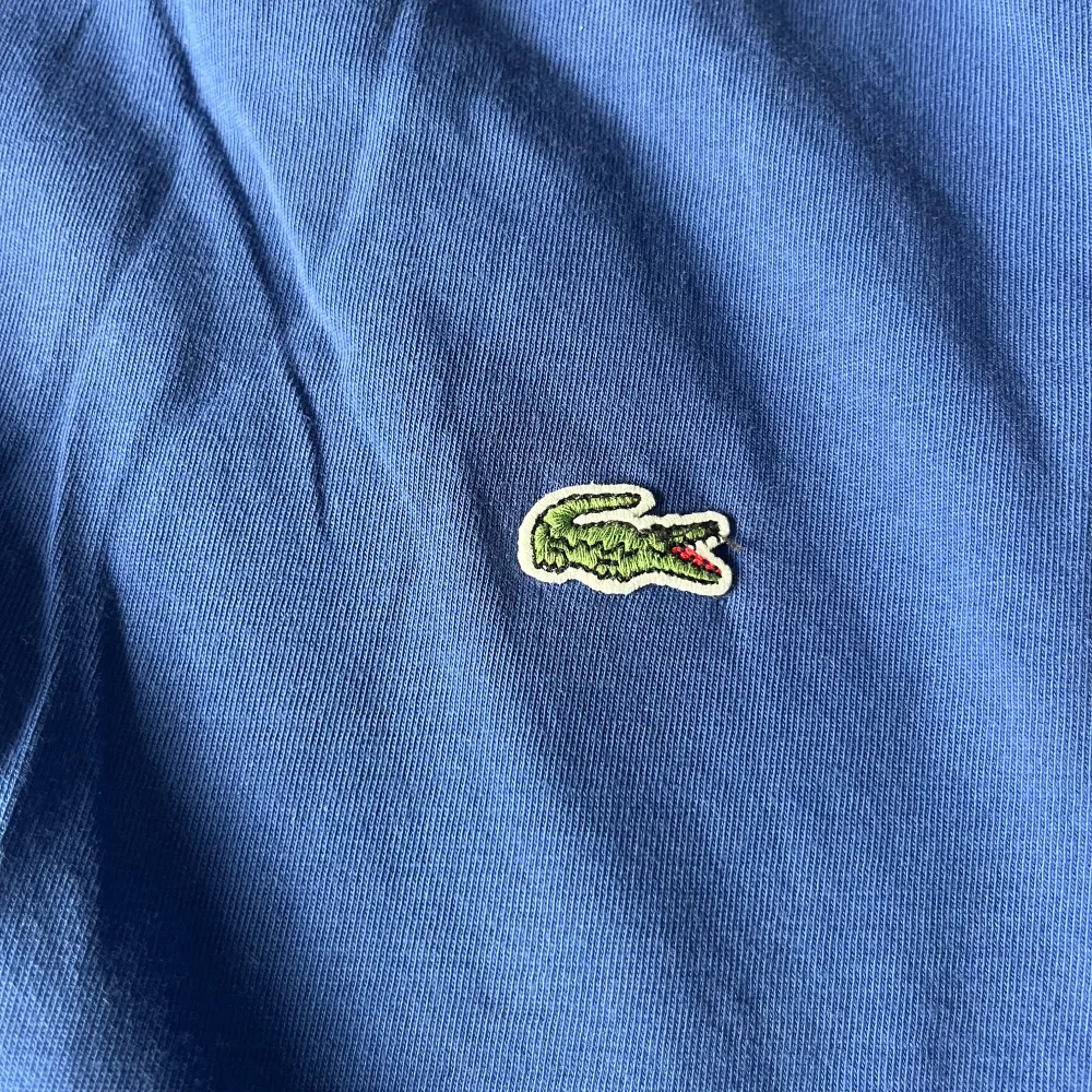 Säljer en snygg blå t-shirt från Lacoste i normal passform. Den har en klassisk design med det broderade krokodilemblem på bröstet. Perfekt för både vardag och avslappnade tillfällen. Gjord i mjuk bomull för extra komfort.. T-shirts.