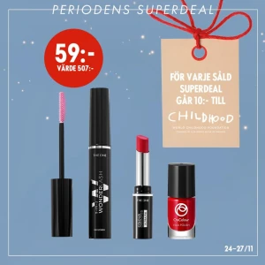 Superdeal med mascara, läppstift och nagellack - Superdeal🌟🌟 Nu kan du köpa detta kitet för endast 59 kr!😱 Istället för 507, galet stor rea! 🤩 Gäller 24-27 nov tills lagret tar slut.  Maximal längd och volym på THE ONE 5- in- 1 Wonder Lash Mascara som reparerar fransarna. Läppstiftet håller hela dagen och kletar inte. Nagellacket är jättefint till jul. Perfekt för att unna dig själv ett riktigt bra erbjudande och present till dig själv eller någon du känner i julklapp ♥️skriv vid intresse😃