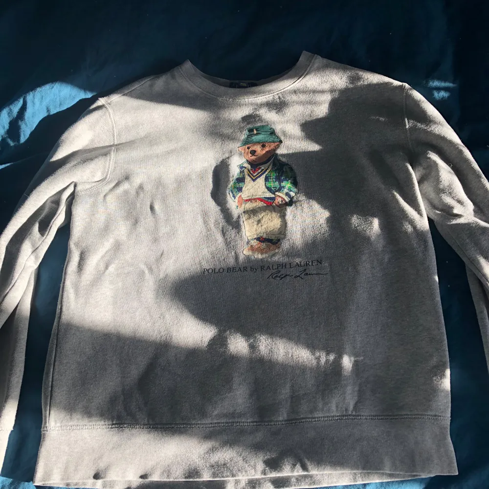 Säljer en grå sweatshirt från Ralph Lauren med den ikoniska Polo Bear på framsidan. Tröjan har långa ärmar och är i ett mjukt material, perfekt för en avslappnad stil. Den är i bra skick och passar perfekt för höst och vår. Perfekt för dig som älskar klassisk och stilren design!. Tröjor & Koftor.