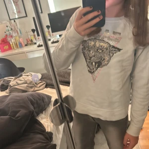 Vit sweatshirt med tigertryck - Säljer en cool vit sweatshirt med ett stort tigertryck på framsidan. Tröjan har långa ärmar och är perfekt för en avslappnad stil. Den är i bra skick och passar perfekt till både jeans och leggings. Perfekt för höst och vår!