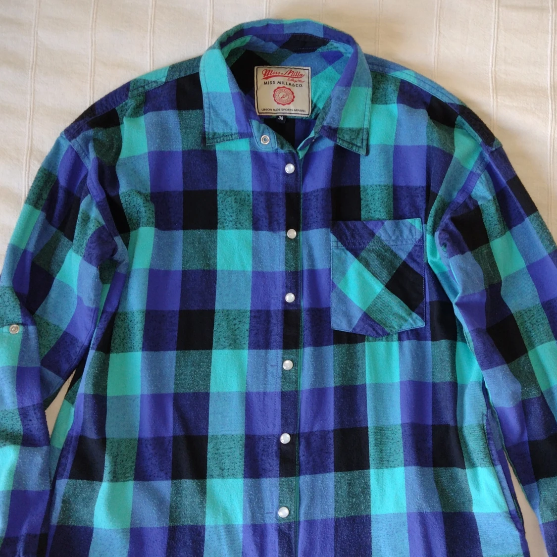 Rutig blå/turkos skorta/flanellskjorta - storlek 38 - 90-tal - 92