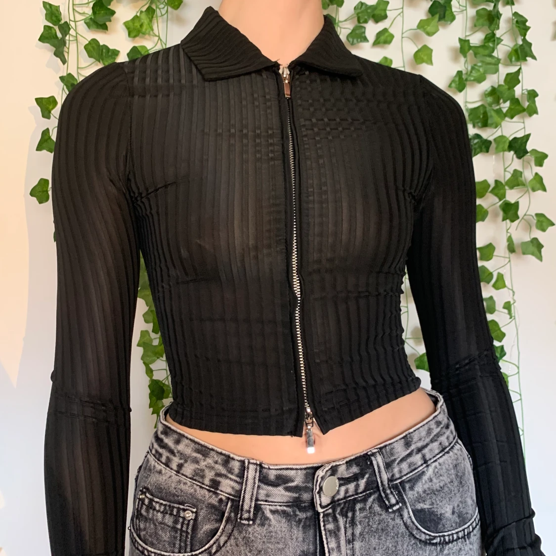 Ribbad långärmad tröja med Zip-up - 90