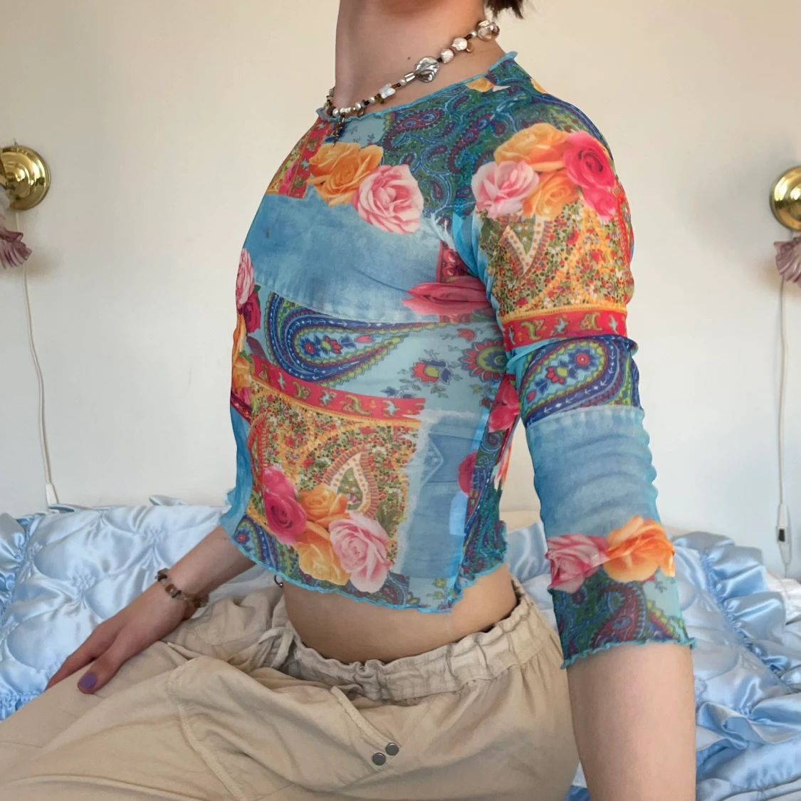 Vintage färgglad mesh topp trekvarts - 90