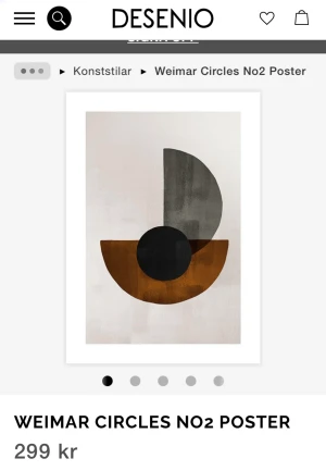 Poster desenio - En poster från desenio till salu! Storlek 50 x 70 och den säljs utan ram. Postern heter ”Weimar Circles no2 poster” och köptes för 300 kr men säljs för 90! Köpare står för frakt men kan också hämtas i Umeå. Skriv gärna vid intresse och eventuella frågor😊