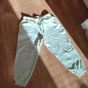 Mjukisbyxor - Ett par ljus gröna mjukisbyxor med en lila smile på från h&m i Storlek L. Använda 2 gånger max. Säljer dem för att det inte riktigt var det passformen jag ville ha och är lite för stora i benen för min smak. Nypris 70 kr. 