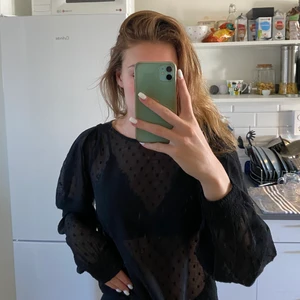 Mesh festtopp - Helt oänvänd festtopp! Den prefekt meshtoppen med små svarta prickar och ”ballongärmar”. Köparen står för frakten. Passar bra till skinbyxor eller kostymbyxor med en svart eller glittrig bh under!!