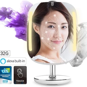 HiMirror Mini | Sminkspegel med ljud och ljus som analyserar din hud - Sminkspegel med justerbart (starkt - svagt, kallt - varmt) ljus som analyserar din hud för bästa hudvårdsprodukter. Touchscreen, går att koppla till en Amazon Alexa, har Spotify och Youtube och andra appar. 32GB. Köpt i Japan men säljer med adapter. 