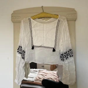 Croptop blus  - Aldrig använd köpt för flera år sen på zara. Är is storlek L men passar alla mindre storlekar också. Brodyren på ärmarna är mörk mörk blå. 