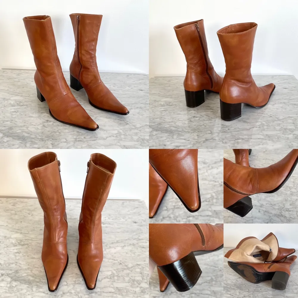 Vintage Y2K 90s 00s real leather pointed heeled mid calf boots/ booties in cognac brown tan Probably vintage, but not sure about it. Few tiny scratches and marks, a broken stitch on the lining. Cleaned. Size: label 38, fit true to size. No returns.. Skor.