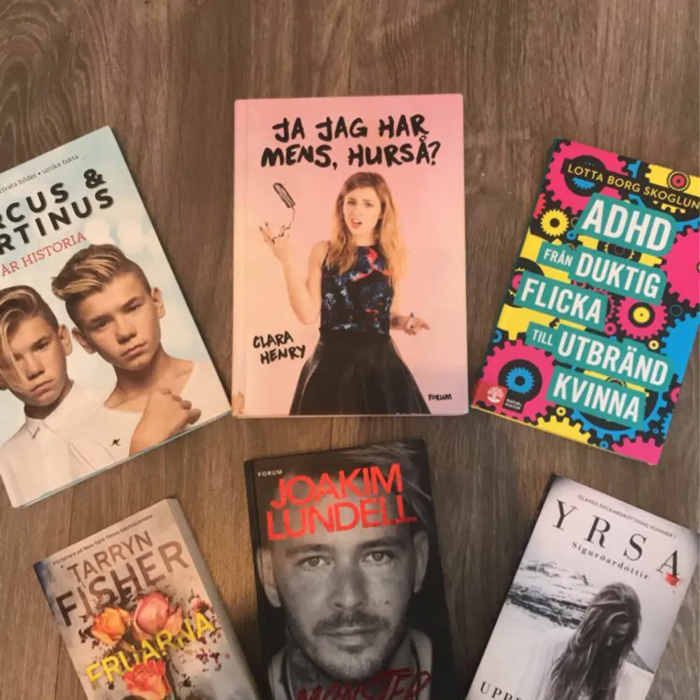 Tre självbiografi från: Joakim Lundell. Clara Henry. Marcus & Martinus. Två deckare: ”Fruarna” komplicerad kärlek. ”Upprättelsen” mystisk brott. En fakta bok: Kvinnors rätt i samhället. 500 kr för alla. 200 per styck.. Böcker.