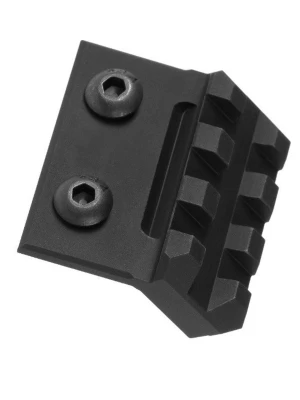 Svart vinklad fästskena i metall - En svart vinklad fästskena i metall med två insexskruvar och räfflad yta för montering av tillbehör. Perfekt för att fästa extra utrustning på exempelvis airsoft eller paintballprylar. Robust och kompakt design.