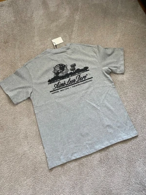 Grå Aimé Leon Dore t-shirt - Snygg grå t-shirt från Aimé Leon Dore med svart tryck både fram och bak. Klassisk passform med korta ärmar och rund hals. Tillverkad i mjuk bomull som känns skön mot huden. Perfekt för en clean och avslappnad stil.