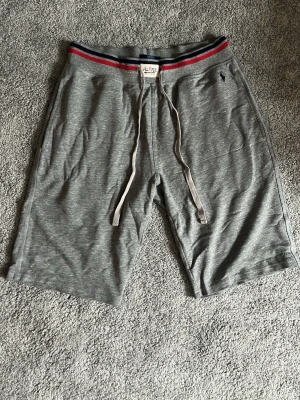 Grå shorts med snörning - Snygga grå shorts med snörning i midjan och elastisk linning med röd och marinblå rand. Liten broderad logga på vänster sida. Perfekta för chill dagar eller träning. Mjukt och bekvämt material.