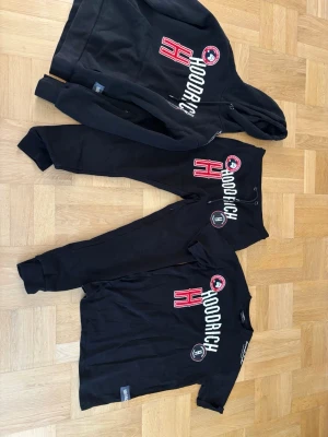 Hoodrich set - Säljer ett svart  set från Hoodrich med matchande hoodie, t-shirt och byxor. Överdelarna är i storlek S och byxorna är i M, men byxorna passar garanterat både och. Man måste inte köpa alla tre men mer prisvärt att köpa hela bundlen. PRIS KAN DISKUTERAS! 