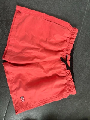 Röda badbyxor från The Defender - Snygga röda badbyxor från The Defender med svart dragsko i midjan och innerbyxa i mesh. Klassisk passform och liten amerikansk flagga som detalj på benet. Perfekta för stranden eller poolen.