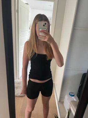 Svarta tighta cykelshorts - Säljer ett par svarta tighta cykelshorts med midwaist passform. De är gjorda i ett stretchigt material som passar perfekt till träning eller en aktiv dag. Klassisk och enkel design utan synliga detaljer eller mönster.