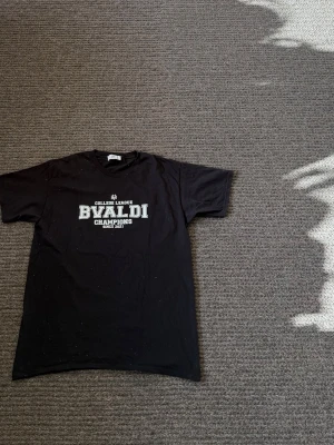 Svart BVALDI t-shirt med tryck - Säljer en svart t-shirt från BVALDI med college-inspirerat tryck på bröstet där det står 'College League BVALDI Champions Since 2021'. Klassisk passform och rund hals. Perfekt för dig som gillar sportig och avslappnad stil.