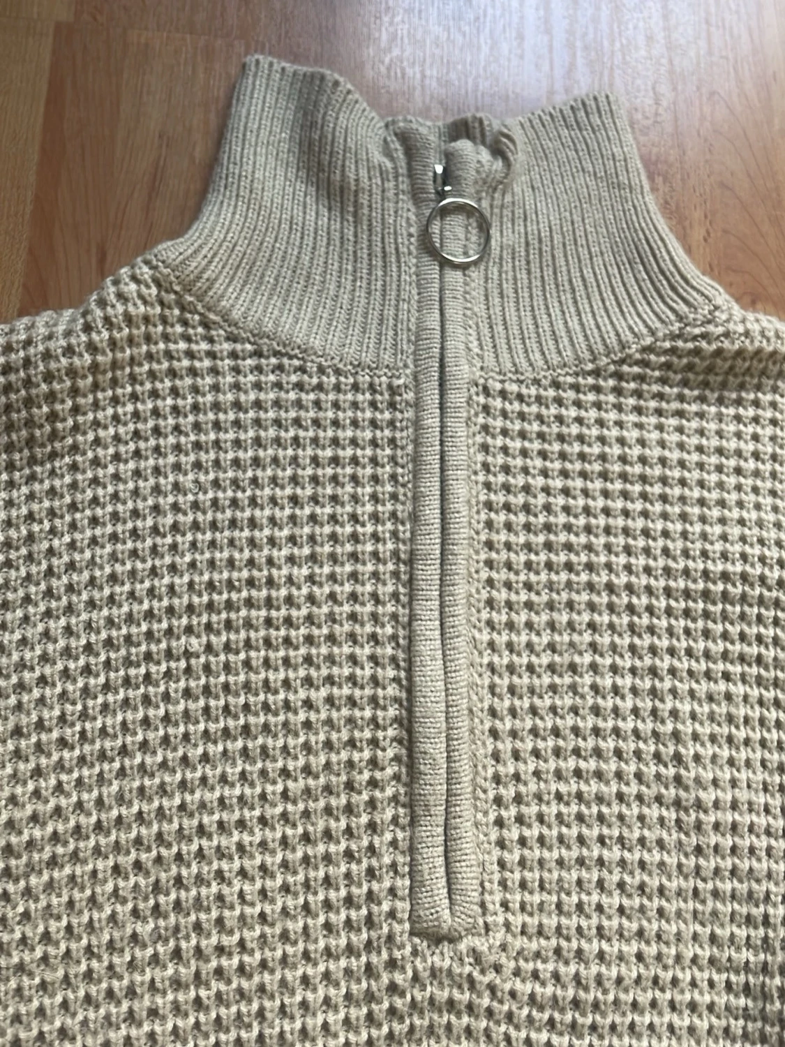 Beige stickad tröja med halv dragkedja - 3